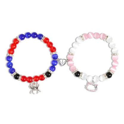 Spider Cat Charm Beaded Bracelet Set – Multi Color Cat Eye & Heart Bracelets for Best Friends with Red, Blue Beads & Fireball Spacer