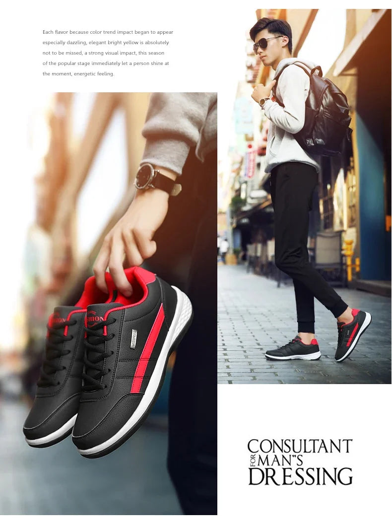 MAEDEF Men's Leather Sneakers – Waterproof, Comfortable Lace-Up Casual Footwear, Vulcanized Shoes
