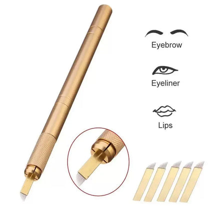 Golden Tebori 3D Tattoo Pen with 5pcs 12-Pin Microblading Needles — Professional Permanent Makeup Eyebrow Tattoo Set