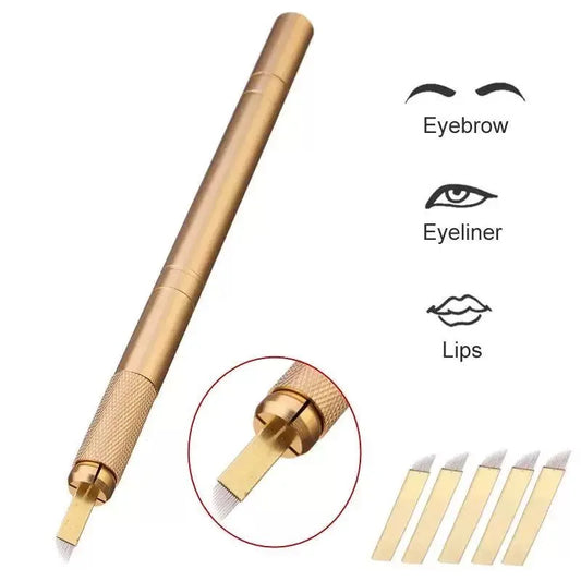 Golden Tebori 3D Tattoo Pen with 5pcs 12-Pin Microblading Needles — Professional Permanent Makeup Eyebrow Tattoo Set