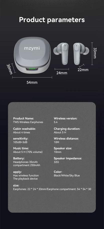 mzymi A98 TWS True Wireless Earbuds | ENC Noise-Reducing Waterproof Sport Headphones