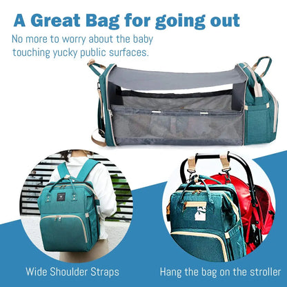 3-in-1 Diaper Bag Backpack – Waterproof Travel Bag with Foldable Baby Bed & USB Charging