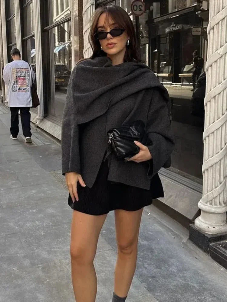 ZBZA Women’s Asymmetric Scarf Knitted Jacket – O Neck Single Button, Side Slit Loose Coat, Winter Chic Outerwear