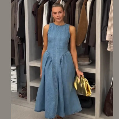 Elegant Pleated Denim Dress for Women – 2025 Chic Slim Fit Lapel Vestido with Short Sleeves & Single-Breasted Design