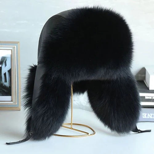 Natural Raccoon & Fox Fur Russian Ushanka Hat – Women’s Black Winter Bomber Cap with Ear Flaps