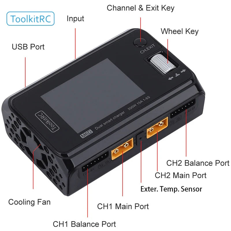 ToolkitRC M6D 500W 15A Dual Channel MINI Smart Charger Discharger for 1-6S LiPo Batteries with SC100 XT60 & Charging Board