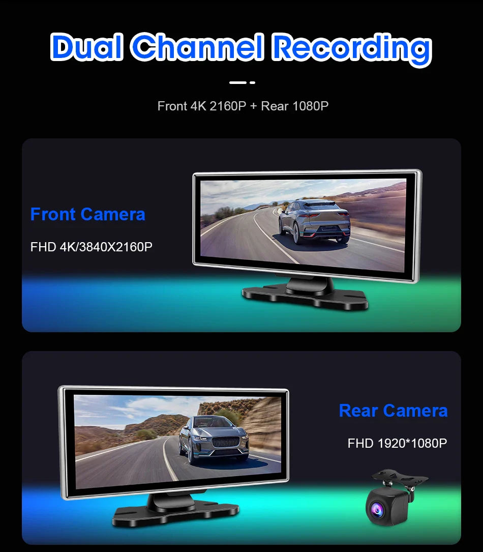 10/11.26" 4K Dash Cam — Dual-Lens Car DVR with Wireless CarPlay, Android Auto, GPS, WiFi, FM & AUX Video Recorder