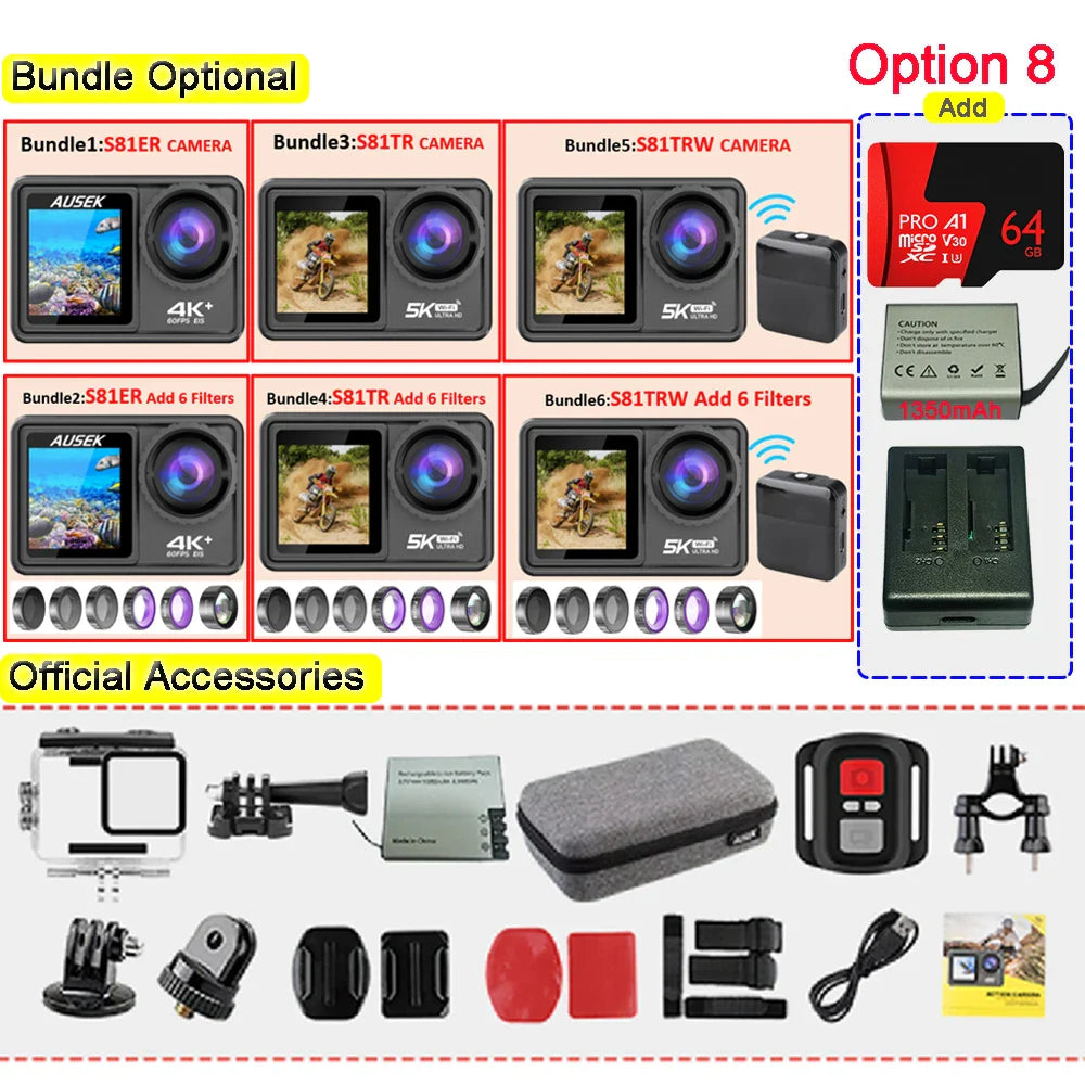 AUSEK S81TRW 5K Action Camera – 4K60FPS, 48MP, EIS, 5X Zoom, 1080P Webcam, Wi-Fi Vlog Sports Cam with Remote & Optional Filters