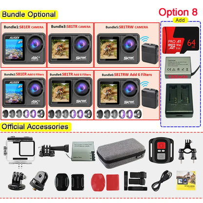 AUSEK S81TRW 5K Action Camera – 4K60FPS, 48MP, EIS, 5X Zoom, 1080P Webcam, Wi-Fi Vlog Sports Cam with Remote & Optional Filters