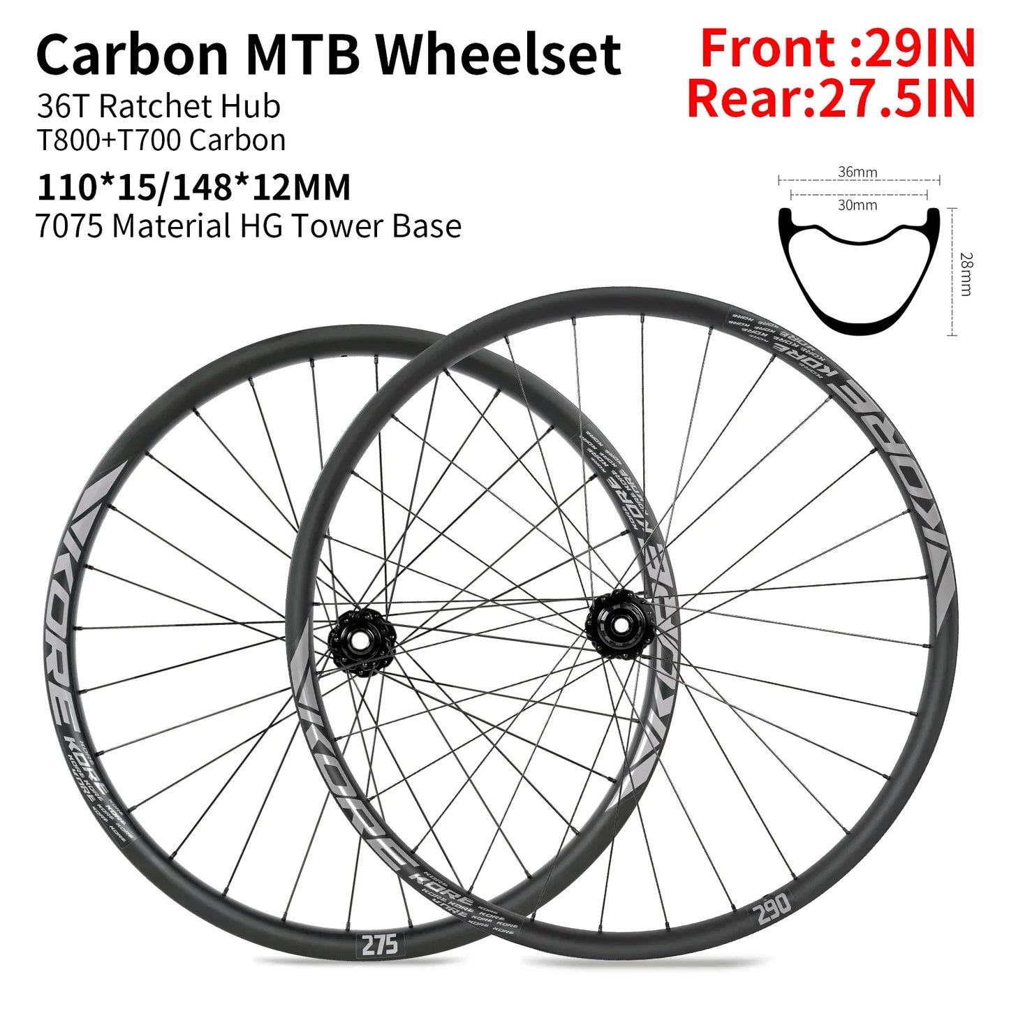KORE MTB Carbon Wheelset – 27.5/29in Enduro & Downhill with 36T Ratchet HG Hub, BOOST, 28H, 30–36mm Width