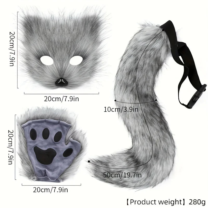 5pcs Fluffy Fur Fox Tail & Cat Paws Gloves Set — Wolf Mask Halloween Cosplay Costume Accessories for Theme Party Dress-Up