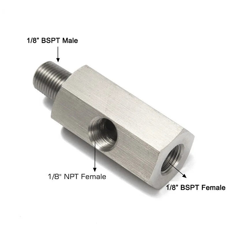 Stainless Steel Oil Pressure Sensor Connector — Side Hole Tee Adapter for 1/8"NPT, 1/4"NPT, M10, M12, M14 Feed Line Gauge