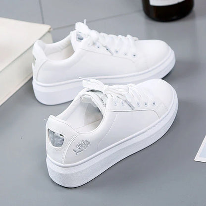 Women’s White Embroidered Sneakers - Breathable PU Leather Casual Lace-Up Shoes