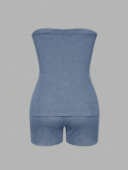 Women’s Ribbed Bandeau Top & Shorts Set – Summer Casual 2-Piece Outfit with Side Slit