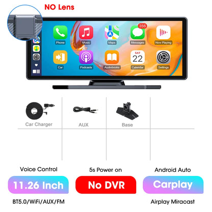11.26” 4K ADAS Dash Cam Display – Wireless Android Auto & CarPlay Screen DVR with Dual Recording, Night Vision & FM Car System