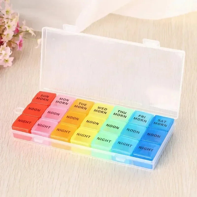 21/28-Grid Pillbox Storage — Portable Weekly 7-Day Medication Organizer, Plastic Pill Container Case