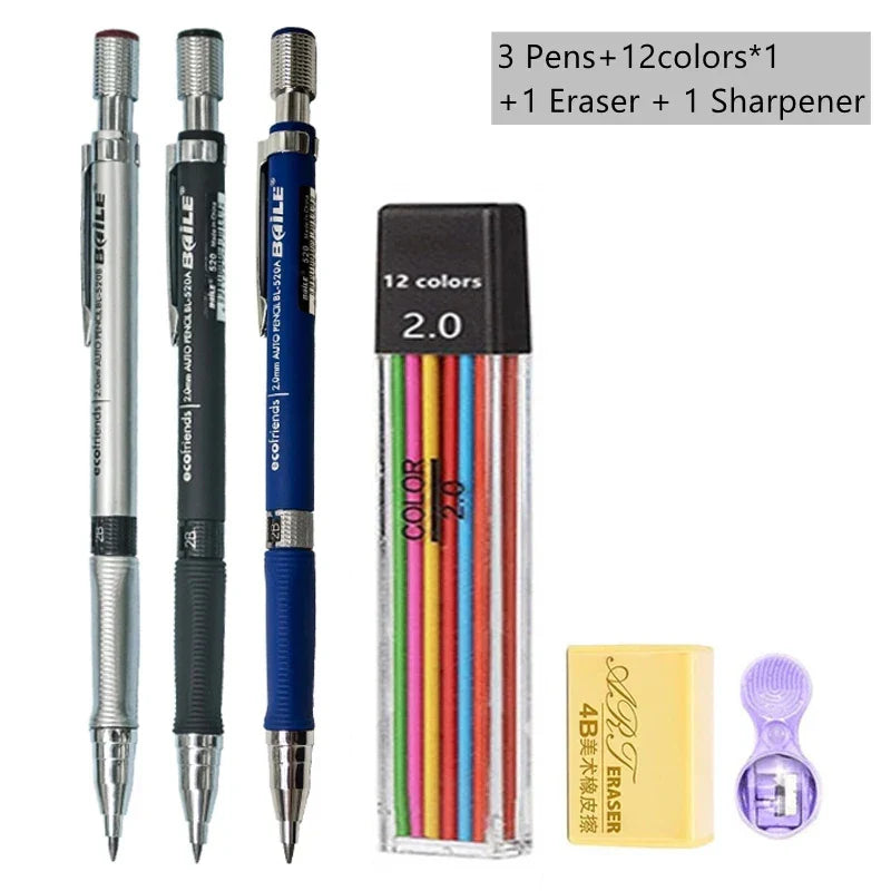 2.0mm Mechanical Pencil Set with 2B Black & Color Lead Refills – Automatic Pencil for Sketching, Drawing & Writing