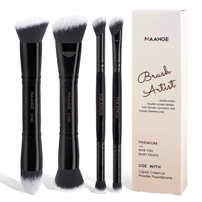MAANGE 4PCS Basic Makeup Brush Set – Dual-Ended Foundation, Powder, Blush & Eyeshadow Brushes with Travel Box