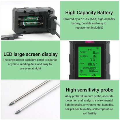 Digital 6 in 1 Soil Tester - pH, Fertility, Moisture, Sunlight, Humidity & Temperature Monitor for Garden Soil Analysis