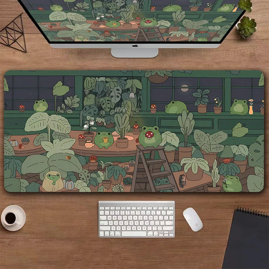 Kawaii Frogs XXL Desk Mat – Cute Anime Aesthetic Gaming Mousepad, Green Nature & Lofi Plant Extended Mouse Pad