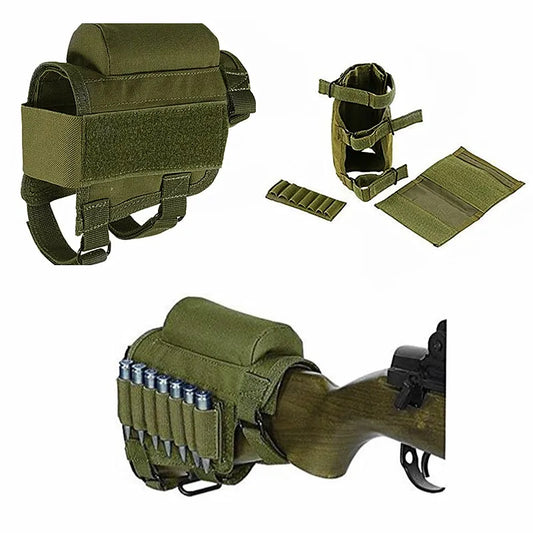 Outdoor Tactical Rifle Cheek Rest Pouch - Camo Nylon Adjustable Butt Stock Riser Pad with Bullet Holder - Hunting Ammo Cartridges Bag