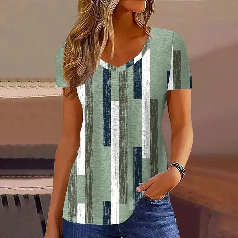 Women's 3D Flower Print V-Neck T-Shirt - Oversized Kawaii Summer Casual Blouse Top Fashion Clothing