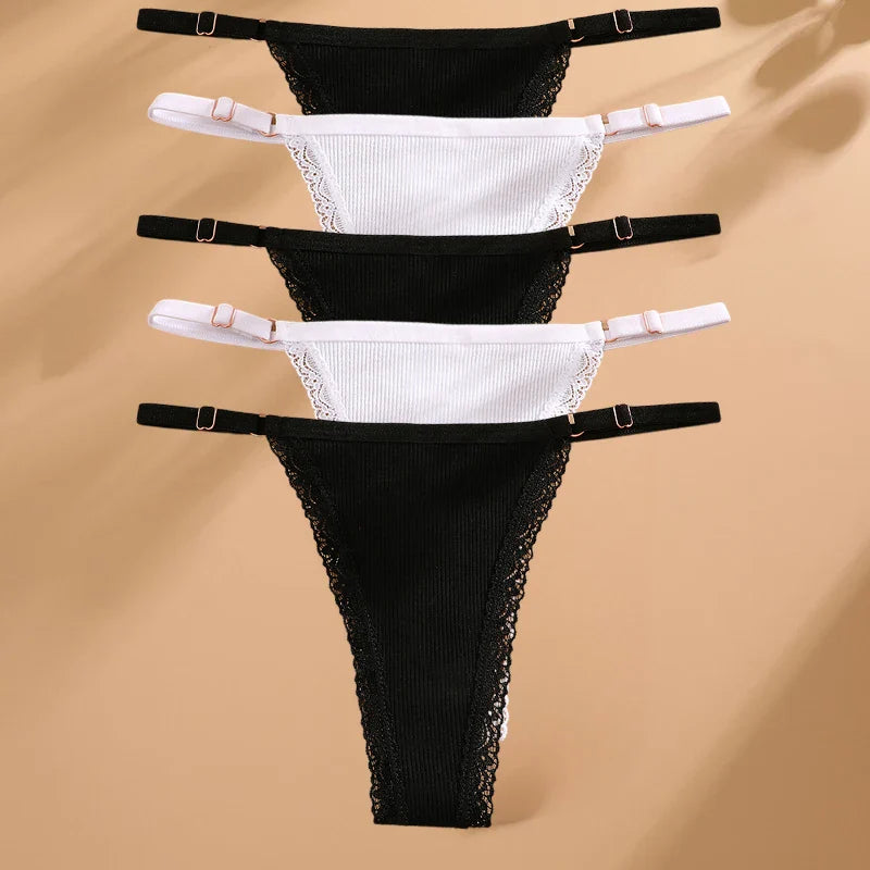 5PCS Cotton G-String Panties Set — Sexy Women’s T-Back Underwear, Adjustable Waist Thong Lingerie Briefs