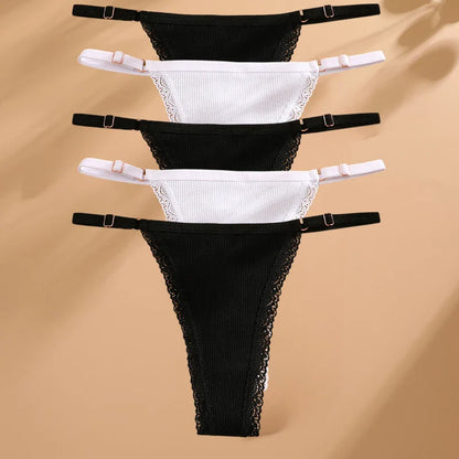 5PCS Cotton G-String Panties Set — Sexy Women’s T-Back Underwear, Adjustable Waist Thong Lingerie Briefs