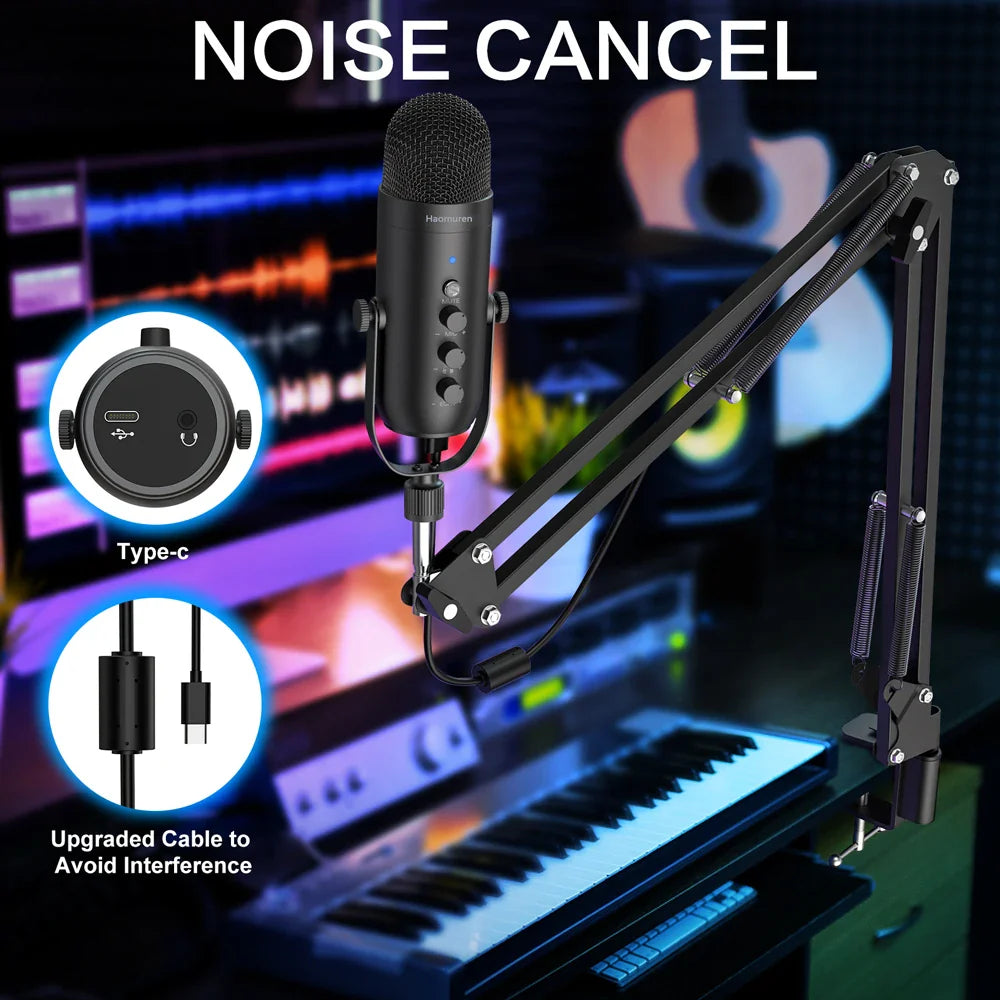 Haomuren USB Podcast Microphone Kit – Cardioid Condenser Mic with Boom Arm for Streaming, Recording, YouTube & PC Studio Use