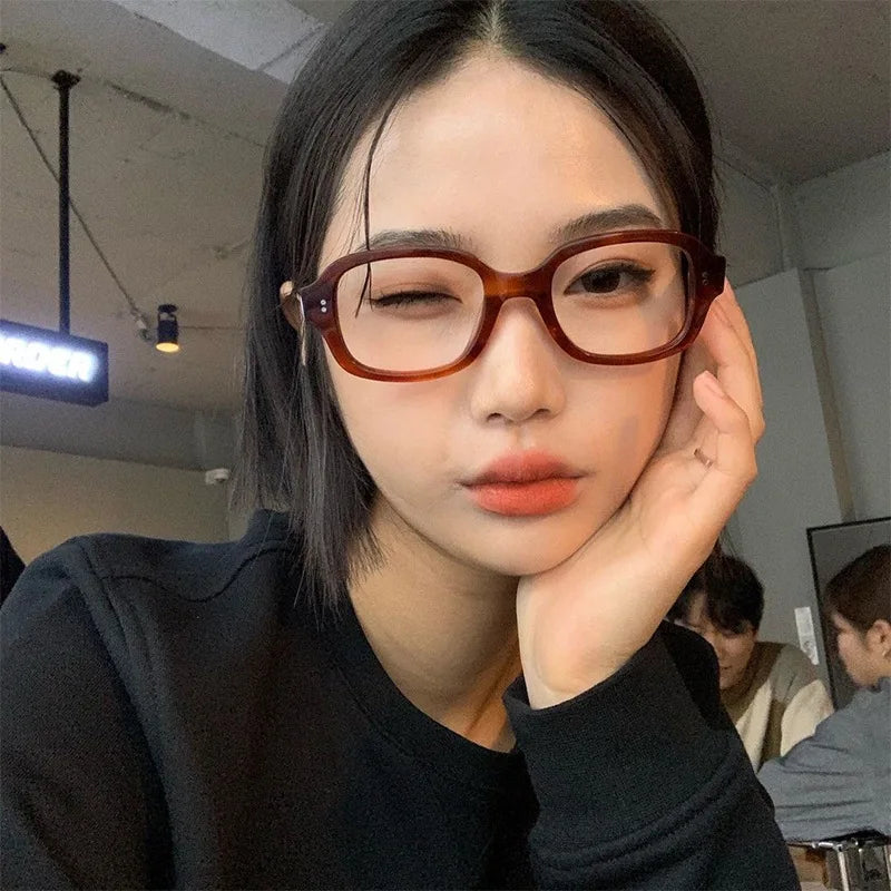 Retro Square Oval Blue Light Glasses – Thick Red Frame Korean Fashion Eyewear for Women