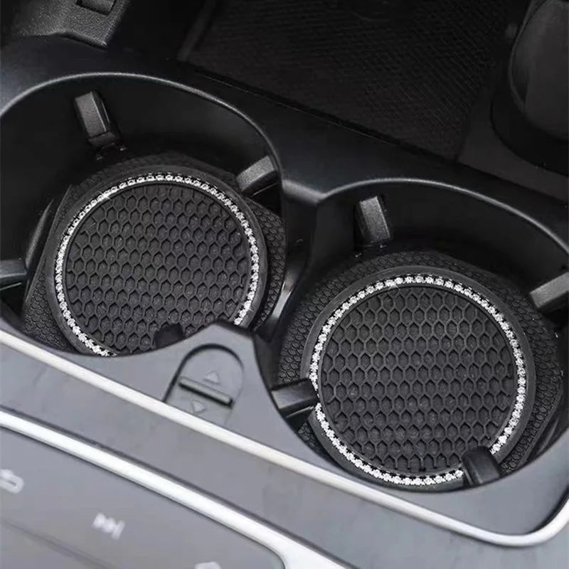 Car Water Cup Pad Holders - Non-slip Diamond Rhinestone Rubber Mat, Bottle Holder Coaster Auto Interior Anti-skid Cup Holders