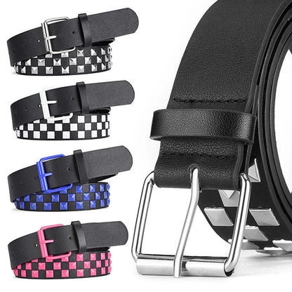 Personalized Rivets Checkerboard PU Leather Belt – 107CM Universal Hip-Hop Punk Fashion Belt for Men & Women