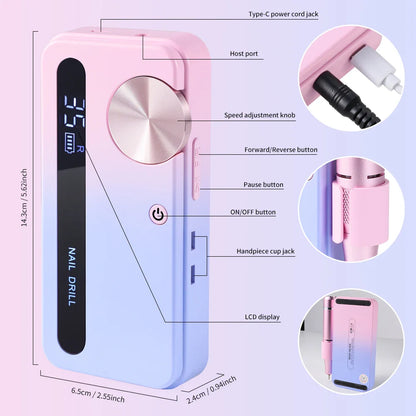 35000RPM Electric Nail Drill – Professional Rechargeable Nail File for Gel Nails, Portable Manicure Tool