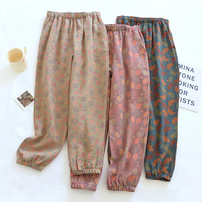 2025 Spring Summer Women's Pajama Pants – 100% Cotton Crepe Loose Fit Leaf Print Home Wear Bottoms