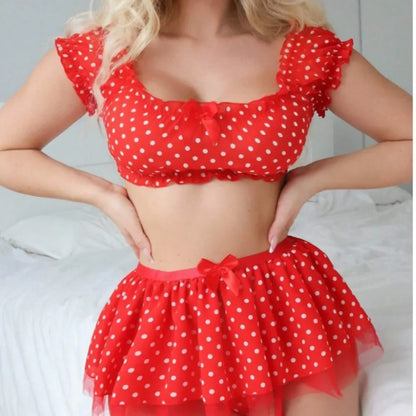 Women’s Polka Dot Tutu Lingerie Set — Sexy Off-the-Shoulder Two-Piece Fashionable Sleepwear