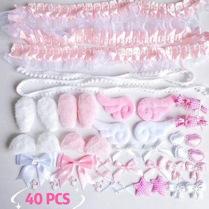 40Pcs Lace Handmade Craft Kit - Plush Bunny Ears Angel Wings Heart Star Clothing Accessories Set