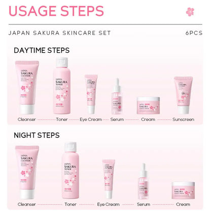 6PCS Sakura Skincare Set – Face Cream, Serum, Toner, Cleanser, Sunscreen & Eye Cream in Gift Box
