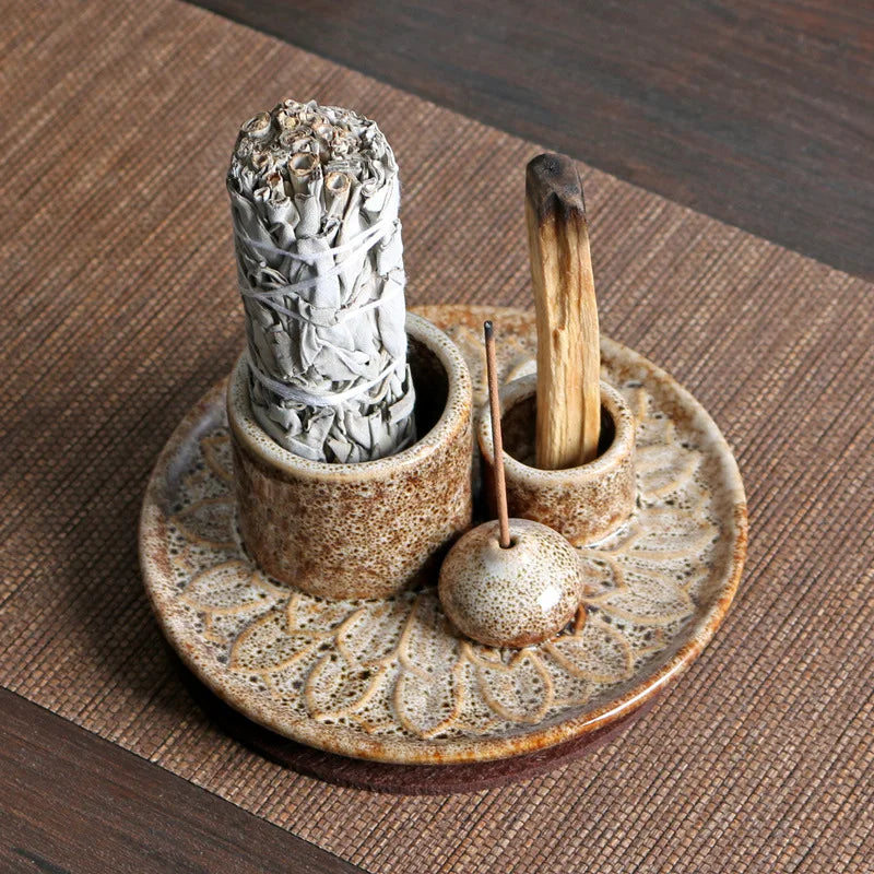 Ceramic Palo Santo Sticks Holder – 4 in 1 Incense Burner, Sage Holder & Ash Catcher Tray for Meditation & Yoga Room