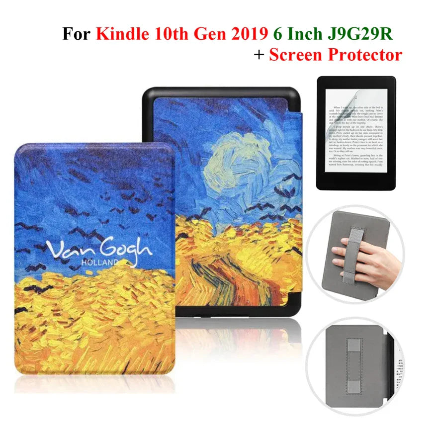 Kindle 10th Gen 6" Leather Case – Hand Strap & Screen Protector Cover with Wake/Sleep Function (2019, J9G29R)