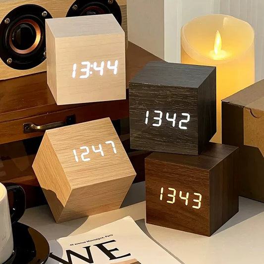 Wooden Digital Alarm Clock – LED Desktop Clock with Temperature Display, Sound Control, USB/AAA Powered Bedside Clock
