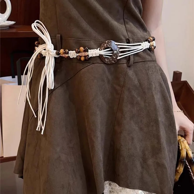 Women’s Vintage Woven Waist Chain - Handmade Brown Beaded Belly Chain Body Jewelry for Jeans, Dresses & Fashion Accessories