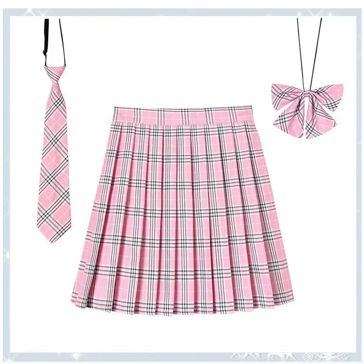 Women’s Plaid Pleated Skirt with Bowtie – XS-5XL Harajuku Preppy Mini Japanese School Uniform, Summer Kawaii Jupe