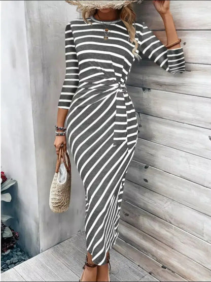 Women’s 2026 European American Stripe Print Dress – Crew Neck Lace-Up Tunic Loose Fit Fashionable Dress