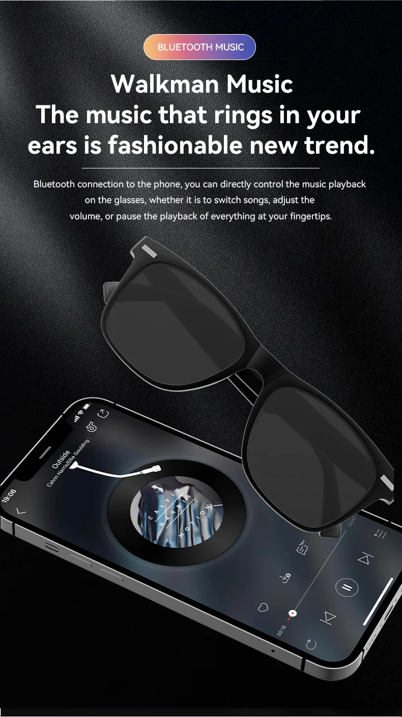 Smart Bluetooth Sunglasses for Men — Touch Control, Music & Calls, Remote Camera, Stereo Mic, AI Voice Assistant for Android & iOS
