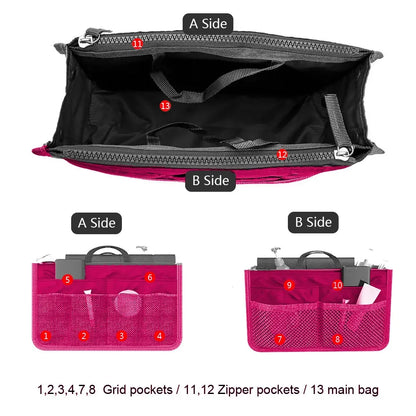 Women’s Nylon Cosmetic Organizer Bag – Foldable Large Capacity Travel Makeup Insert Handbag Tote Organizer Liner Bag