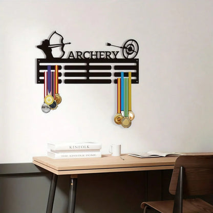 Vintage Archery Medal Display Rack - Gold Black Wall Mounted Award Holder with Custom Hooks