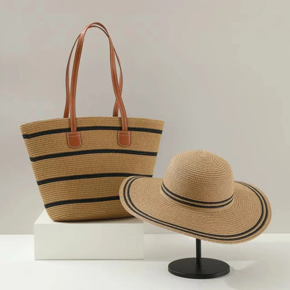 French Style Straw Handbag & Summer Beach Hat Set – Woven Bucket Bag with Fine Stripes