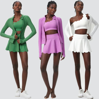 3-Piece Women’s Fitness Yoga Set – Breathable Quick-Dry Gym & Running Sportswear with Tennis Skirt