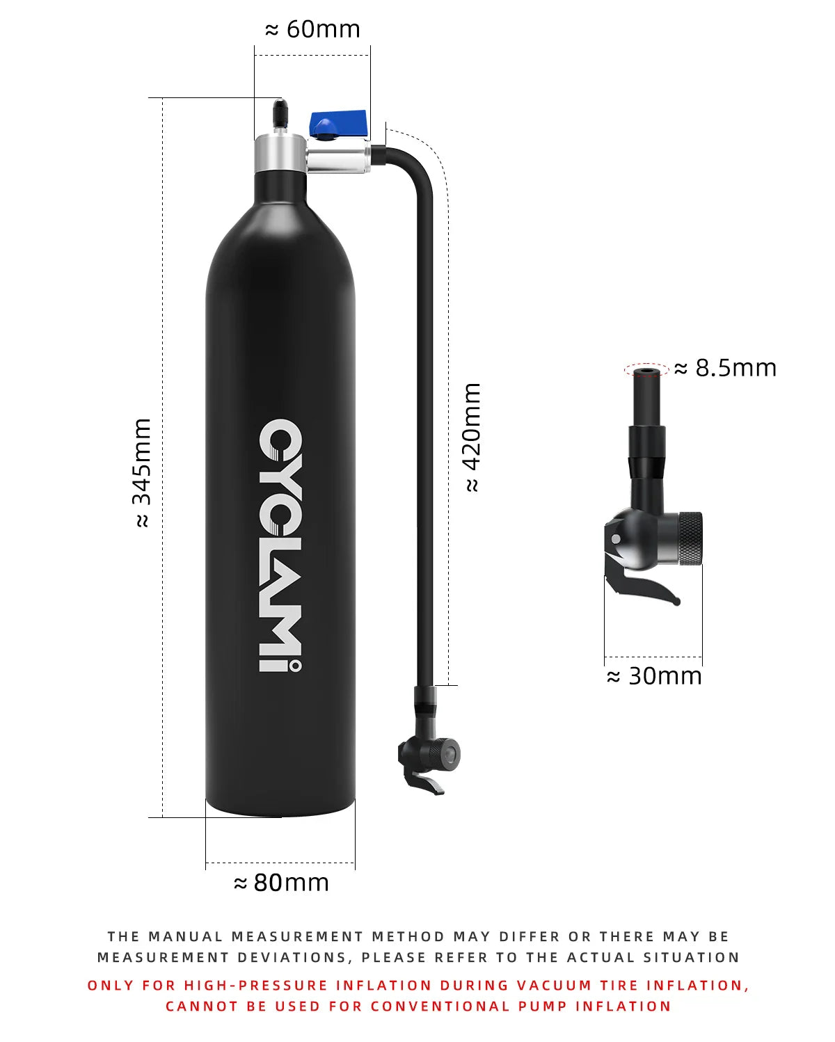 CYCLAMI 1.2L Aluminum Alloy MTB Road Tire Inflator – Valve Gas Cylinder for Tubeless 29" Bike Tires