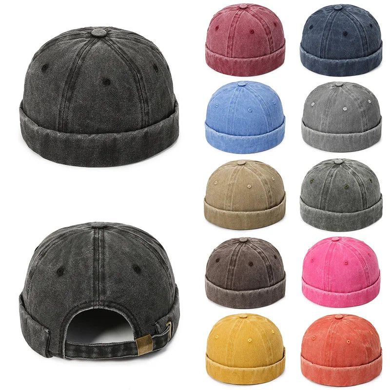 Fashion Denim Docker Cap – Brimless Skullcap Sailor Beanie Hat for Men & Women, Solid Color Adjustable Bucket Dad Cap Streetwear Style